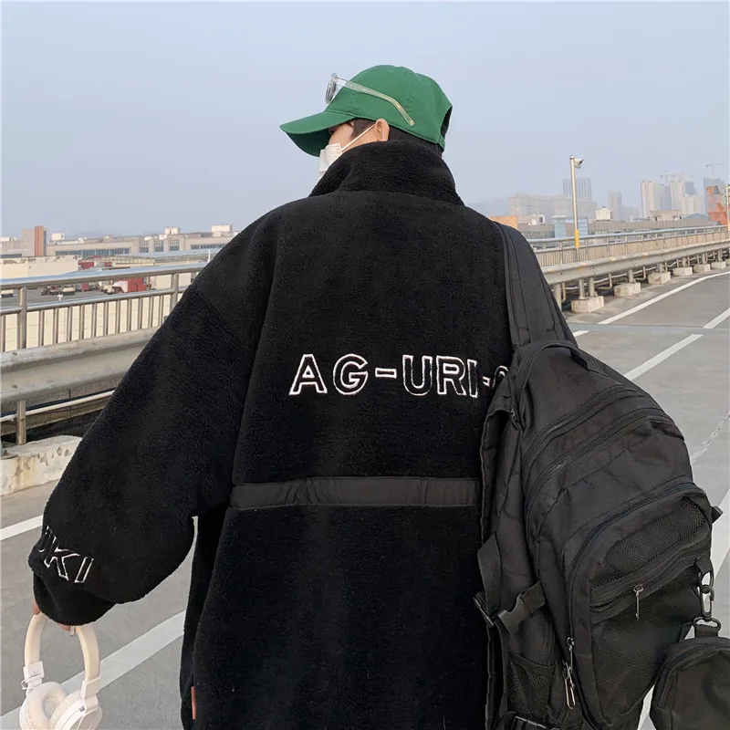 2022 Fashion Winter Coat Men's Jacket Casual Bomber Jacket Stand Collar Zip Up Faux Shearling Shaggy Oversized Shacket Jacket