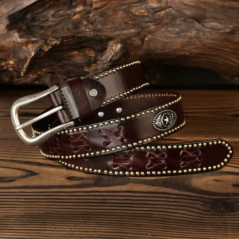 

Retro ethnic style woven belt rivets unique pin buckle beauty belt leather light luxury head layer leather belt decoration