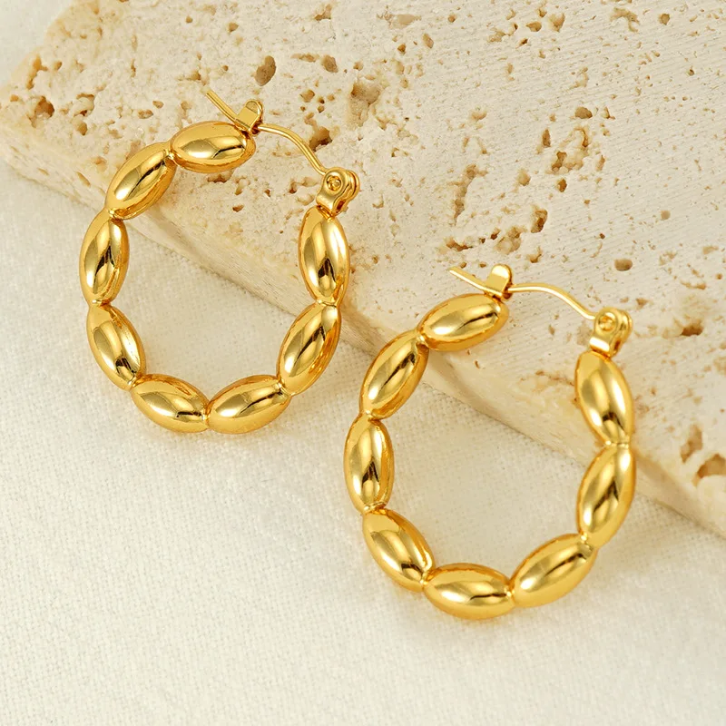 

Stainless Steel Gold Plated Oval Bead Circle Hoop Earrings for Women Girl Wedding Party Punk Jewelry Gift e2190