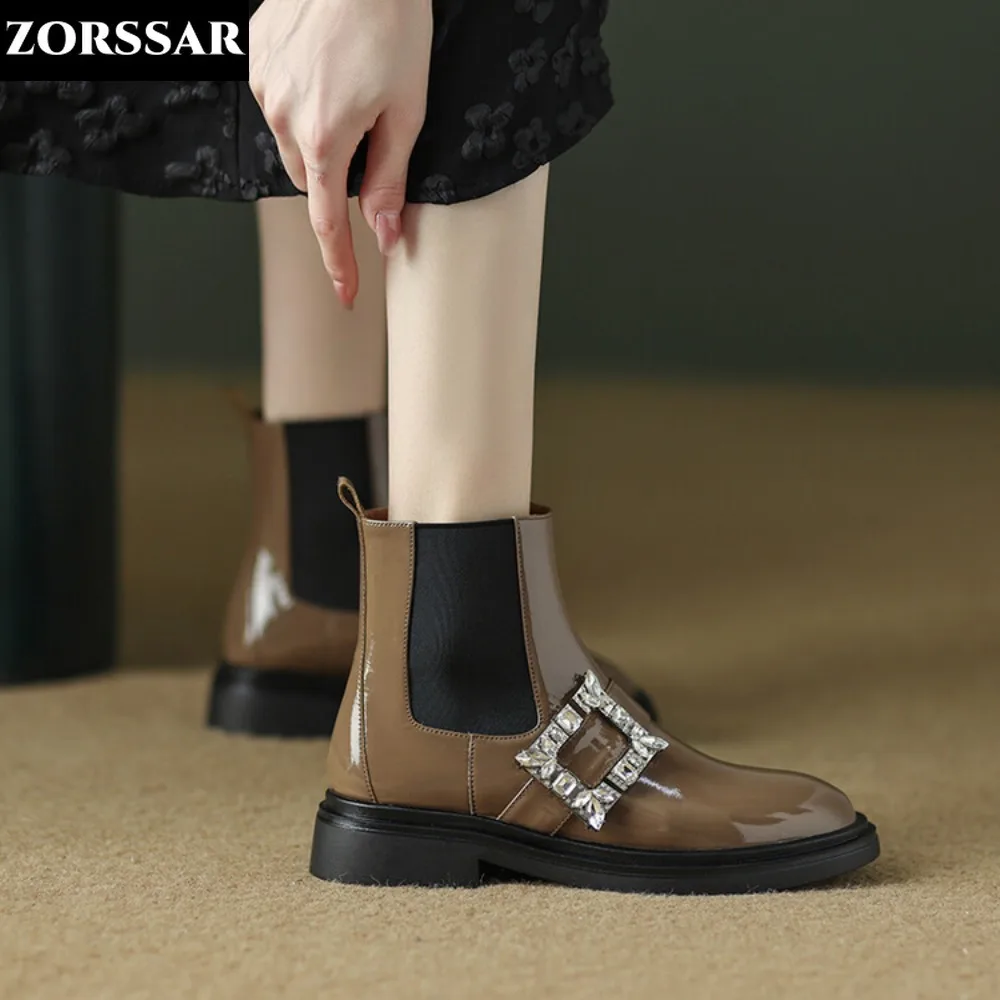 

Big Size 42 INS Patent Leather Flats Shoes Women Classics Chelsea Boots Round Toe Square Buckle Zipper Concise Casual Ankle Boot