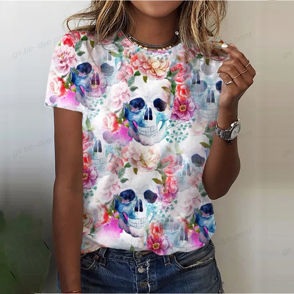 

2023 Women's T-shirt Cutting Vintage Skeleton 3D Printing Vintage Women's Summer O-neck Top T-shirt Girls' Harajuku Gyaru Tee