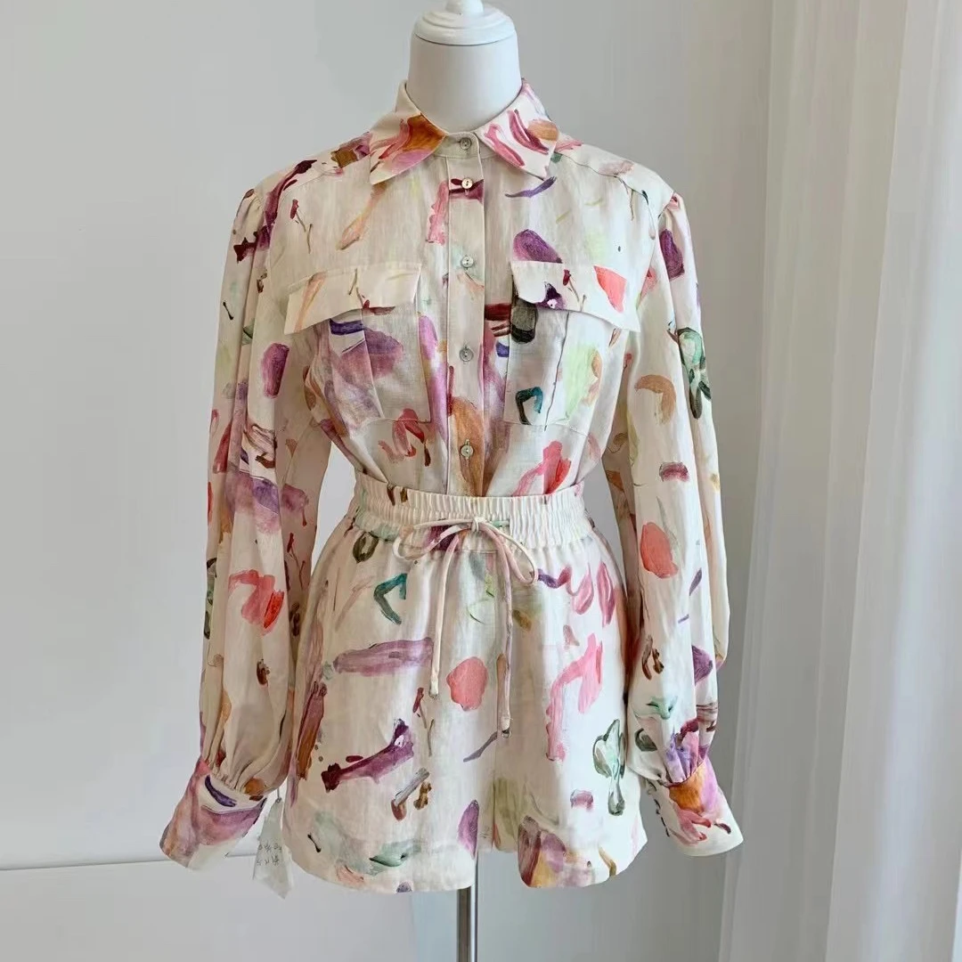 

Painting Print Women Linen Set Short Sleeve Blouse Top + Elastic Waist Shorts