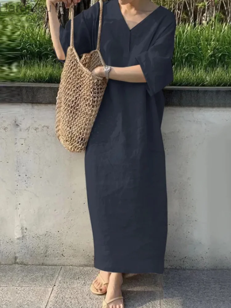 

2023 Spring New Women's Casual Solid V-Neck Street Apparel Loose Dress Korean Fashion Elegant Oversized Robe Vintage Dress