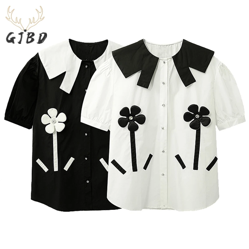 

Women's Clothing Shirts Doll Collar Flowers Puff Short Sleeve Vintage Casual Fashion Baggy Button Blouse Tops Ladies Summer
