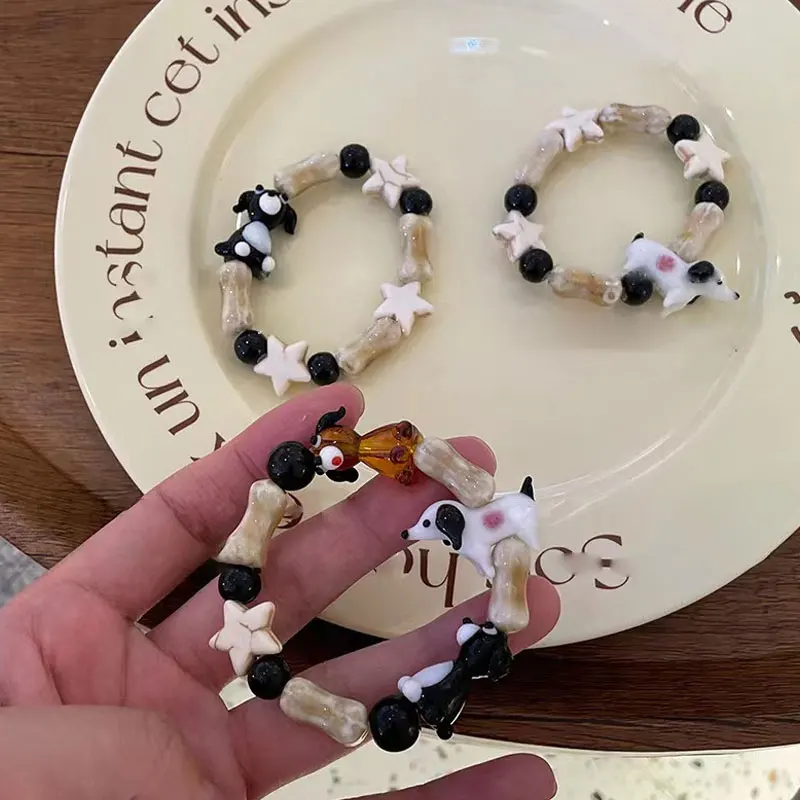 

Black White Puppy Bone Star Glazed Beaded Bracelet For Women Cute Casual Fun Creative Charm Bracelet Trend Jewelry Gift