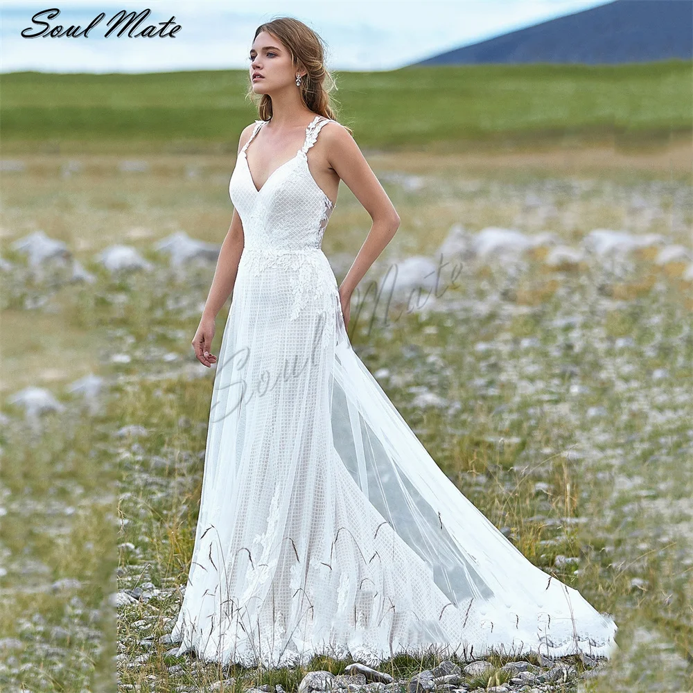 

Elegant A Line Spaghetti Straps Wedding Dress For Women Appliques Sweetheart Bridal Gown Backless Bridal Dress Robe De Mariée