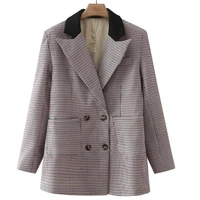 temperament houndstooth color matching suit jacket autumn and winter new womens decoration body slim double breasted top