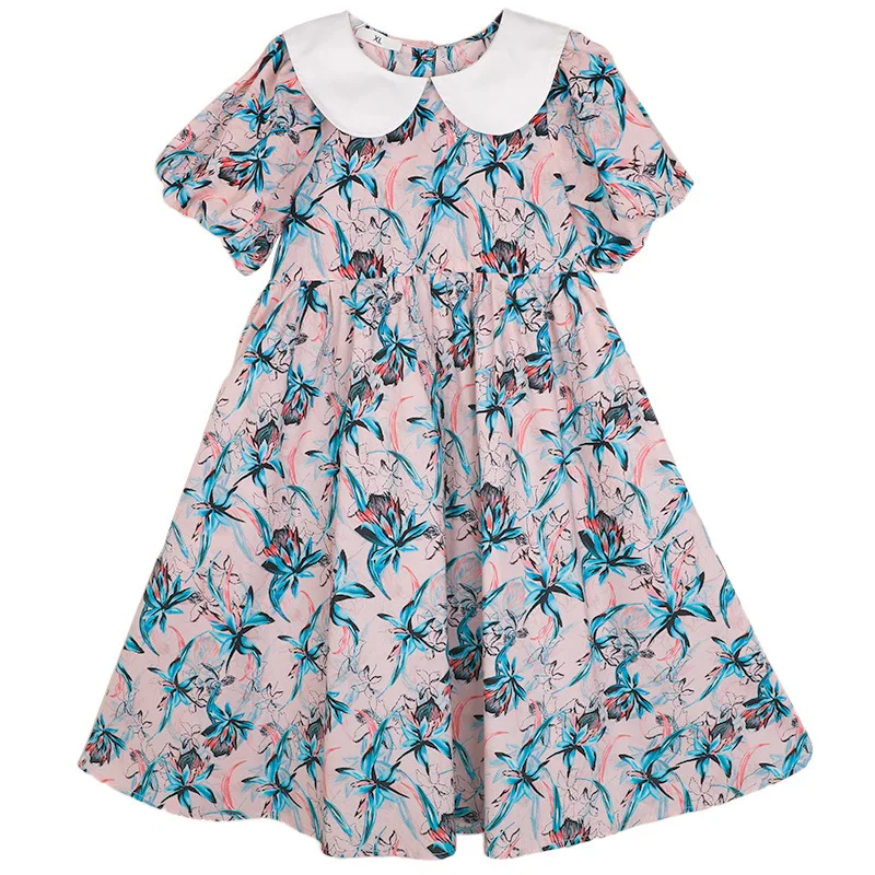 

Summer Girls Floral Dress 2023 New Cotton Print Cute Children Clothing Teenage Kids Puff Sleeve Princess Dresses Big Lapel