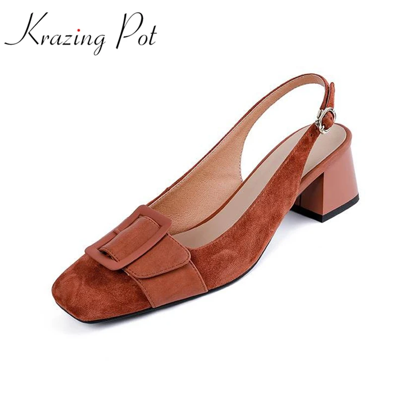 

Krazing Pot Sheep Suede Thick Med Heels Square Toe Slingback Metal Buckle Gorgeous Summer Model Wear Retro Shallow Women Pumps