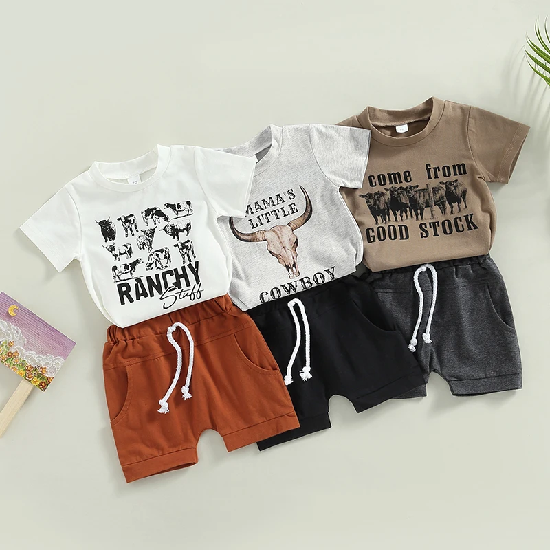 

2022-12-09 Lioraitiin 0-3Years Baby Boys 2Pcs Summer Outfits Casual Short Sleeve Cow Letter Print T-Shirt Knot Front Shorts Set