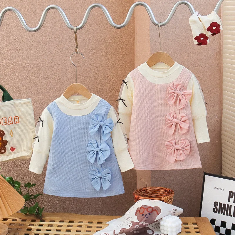 

Mengoqq Kids Girls princess Spring Autumn New Round Neck Full Sleeve Bow Knot Patchwork Gauze False Two Piece Casual Dress 1-5Y