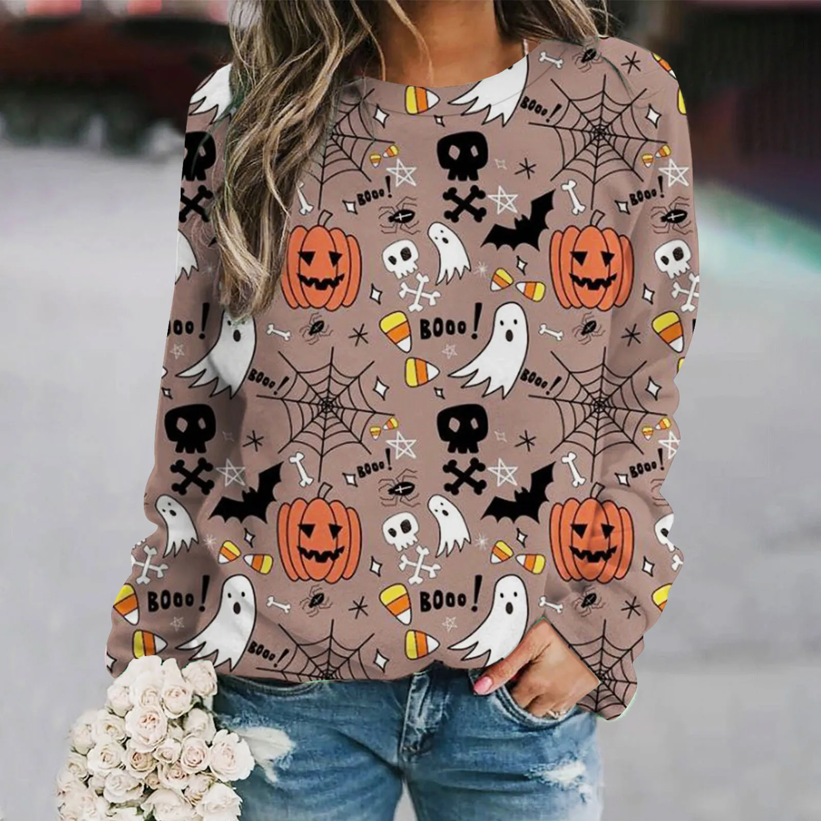 

High Quality Sweashirt Women 2022 Casual Pullover Halloween Print Round Neck Long Sleeve Hooded Sweatshirt Top Sweatshirt