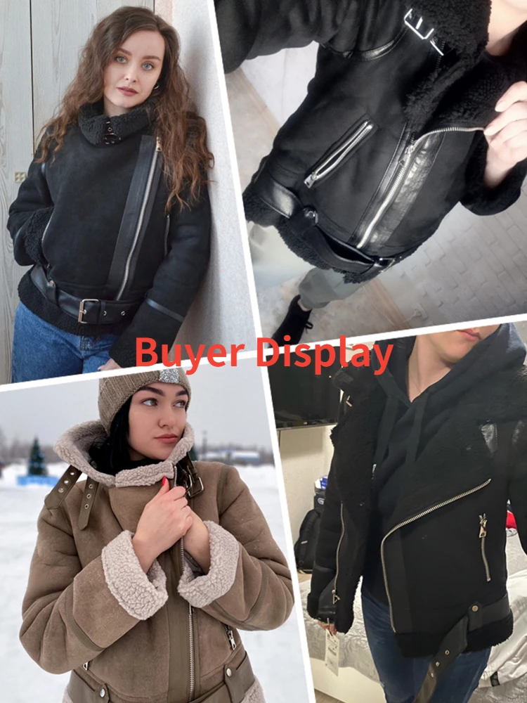 Winter Women Thick Warm Suede Lamb Jacket Short Motorcycle Brown Coats Faux Shearling Sheepskin Leather Jackets Outwear Coat