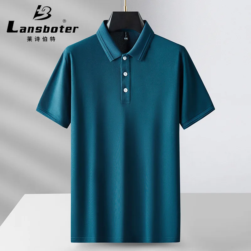 

Summer Cyan Men's Short Sleeved T-shirt Ice Silk Young And Middle-aged Breathable Iron Free Mercerized Polo Shirt