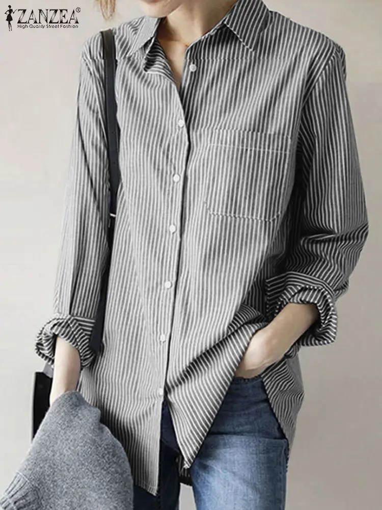 

Элегантная Женская Полосатая Рубашка ZANZEA с длинным рукавом 2022, офисные женские топы с воротником с лацканами, Повседневная Туника в стиле р...
