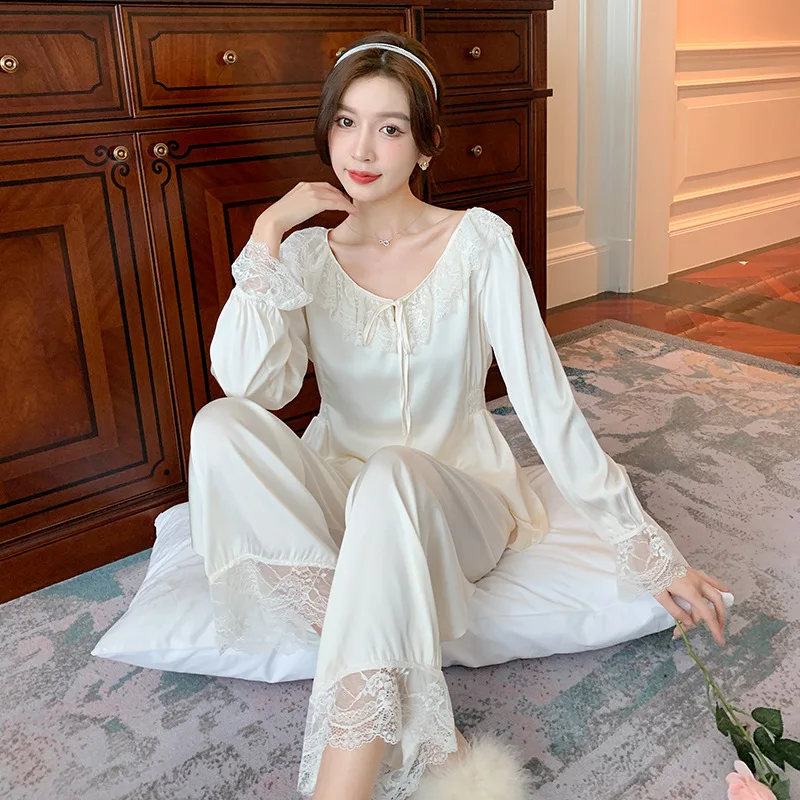 

French Collar Best Selling Royal Elegant Luxury Ice Silk Pajamas Sets Smooth Female Round Neck Lace Nightwear Pyjamas Homewear