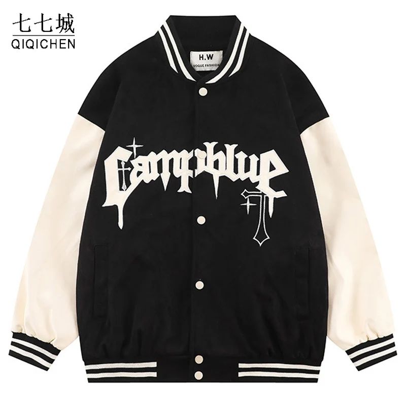 

Letter Corss Flocking Baseball Jacket Men Retro Preppy Loose Hip Hop Varsity Jackets Women Autumn Harajuku Patchwork Coat Couple