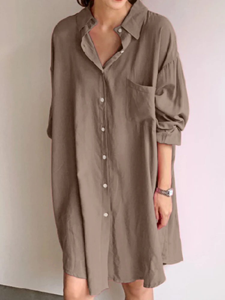 Женское Однотонное Платье-рубашка Zanzea Летнее Платье Миди В Корейском Стиле С