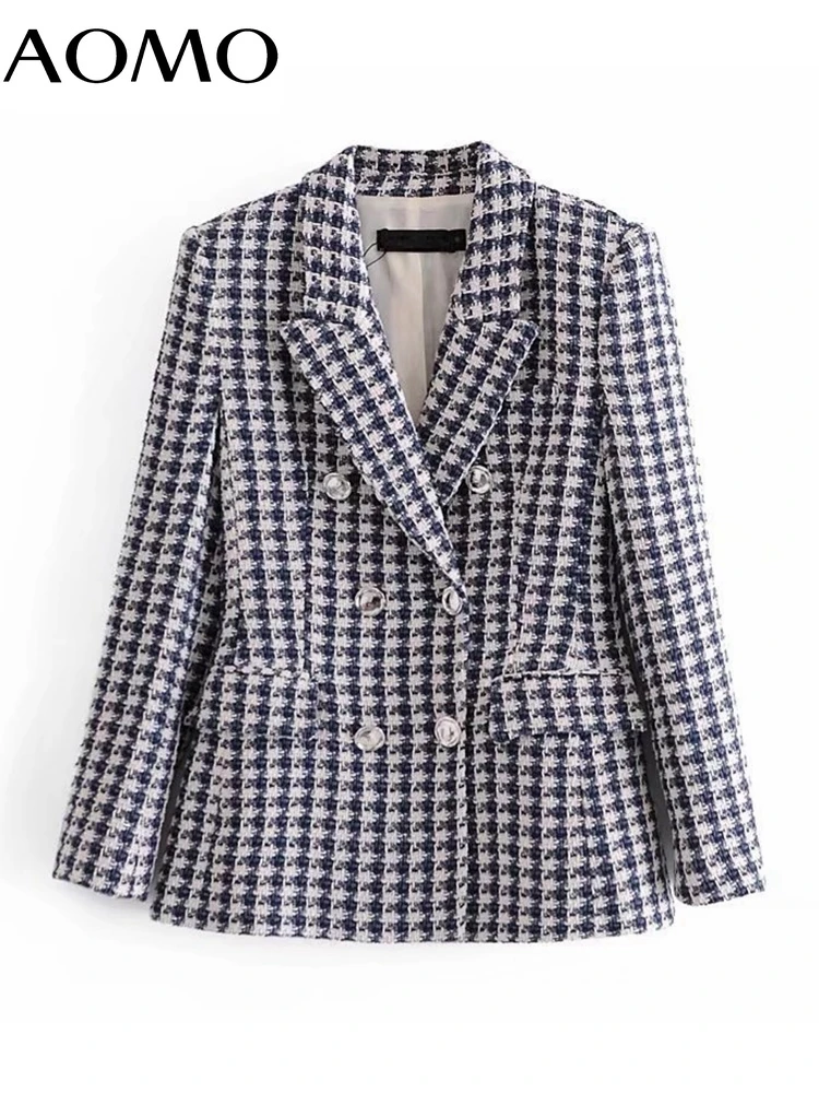 

AOMO Women Tweed Blazer Coat Vintage Double Breasted Long Sleeve Female Outerwear Chic Tops 3H319A