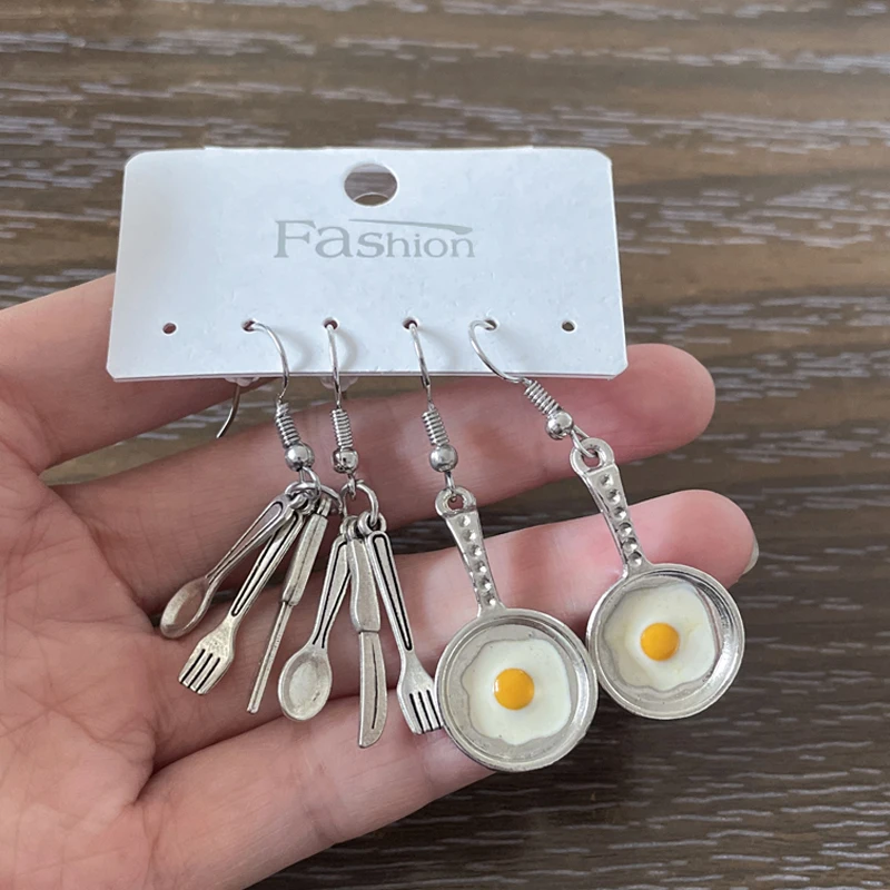 

2 3Prs Drop Dangle Earrings Set Fried Egg Pot Spoon 3D Coffee Cup Earrings For Women Girl Friends Gift Brincos Pendientes Cерьги