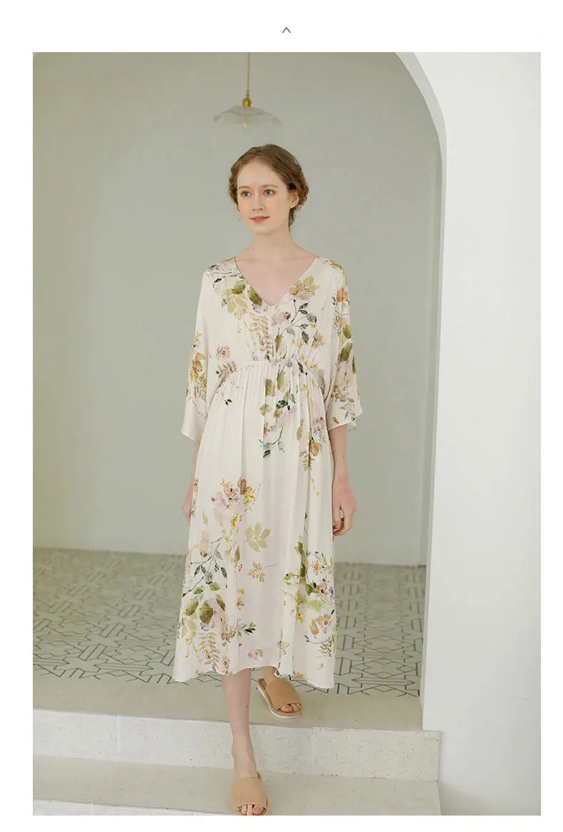 Summer 2022 Women's Nightgown Vintage Nightgowns V-neck Elegant Rose Print Lace-up Sleepwear Women Fashion Retro Woman Pajama