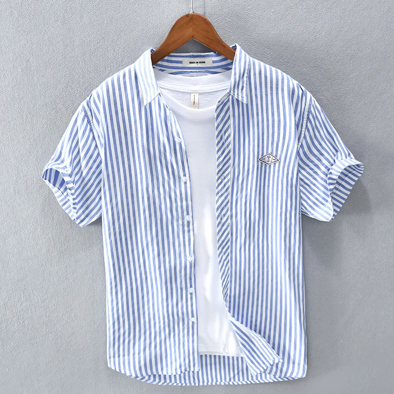 2022 Summer  Men's Shirt Short Sleeve Man Business Casual Shirts Classic Striped Male Social Dress Embroidery Shirts