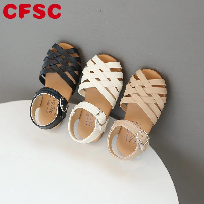 

Toddler Girl's Sandals Peep Toe Cross Band Hollow Out Daily Plain Children Summer Shoes 21-30 Three Colors Light Kids Sliders