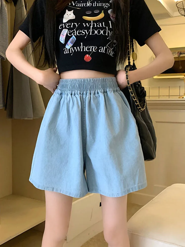 New Spring Summer Women Wide Leg Elastic Waist Blue Denim Shorts Streetwear Female Loose Straight Jeans Shorts Bottoms