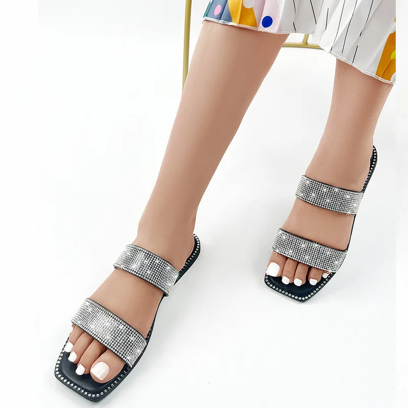 

Rhinestone Flat Slippers 2023 New Black Fashion Outside Wearing A Word Drag Square Slippers Women