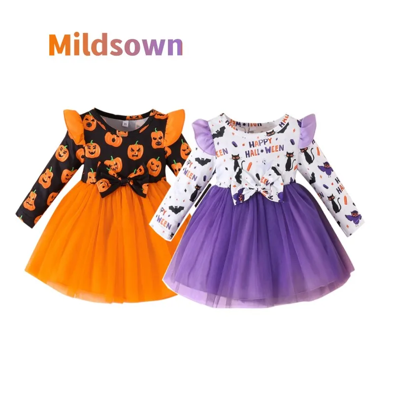 

Mildsown Kids Girls Halloween Dress Letter Bat/Pumpkin Print Layered Tulle Long Sleeve Dress Fall Casual Clothes Princess Dress