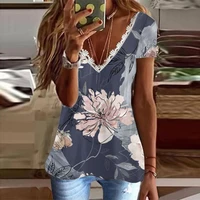 woman casual v neck low neck lace print butterfly stripes short sleeves springsummer fashion home office ladies tops