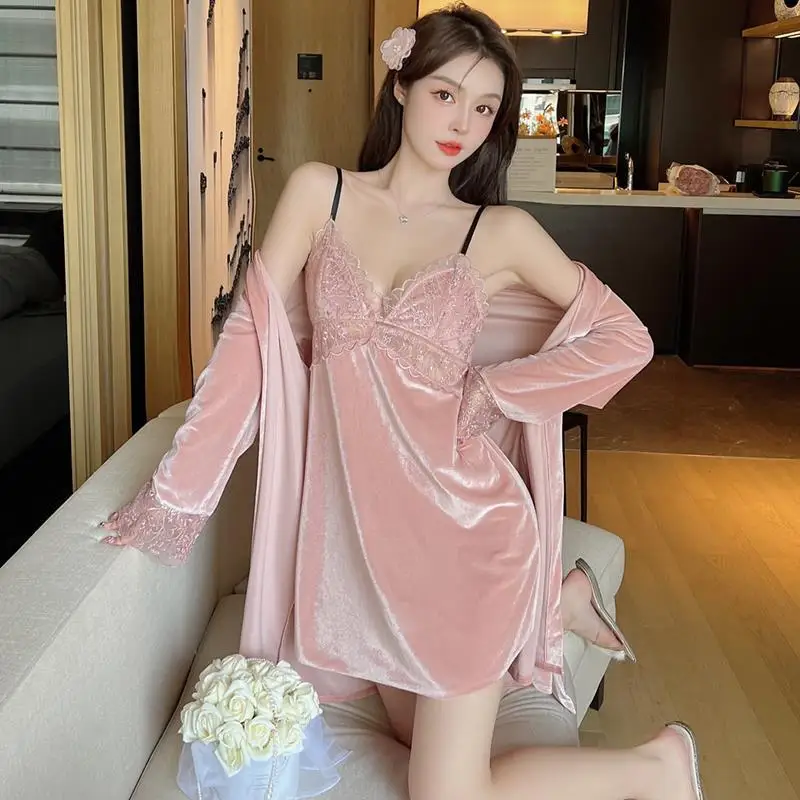 

Casual Velour Kimono Bathrobe Nightdress Lace Velvet Robe Gown Set Womens Sleepwear Nightgown Sexy Home Wear Loungewear
