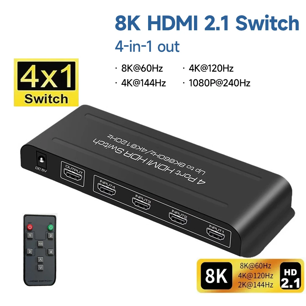 

8K@60hz 4K@120hz 8K HDMI Switcher 4x1 3x1 2x1 HDMI 2.1 Switch Converter 5 4 in 1 Out Hdmi2.1 switcher adapter For PS5 HDTV