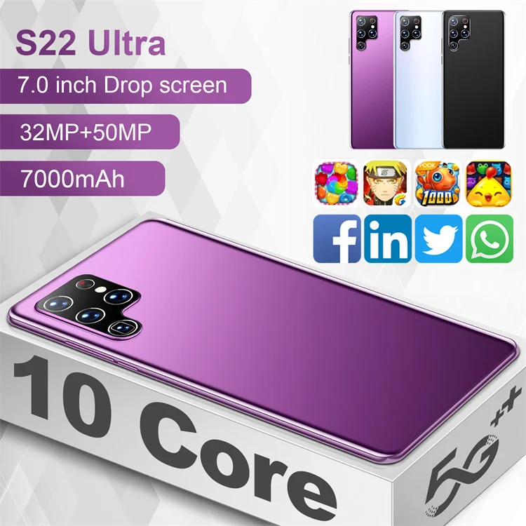 

S22 Ultra 7.0 Inch Drop Screen 16+512GB 32+50MP 7000mAh Qualcomm 888 Smart Phone Face Fingerprint ID 5G LTE GPS Mobile Phones
