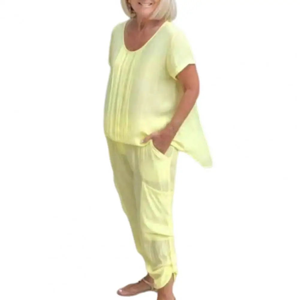 

2 Pcs/Set Women Short Sleeves Tops Pants Set Outfits Solid Color Two Pieces Irregular Hem Multi Pockets Blouse Trousers Suit New