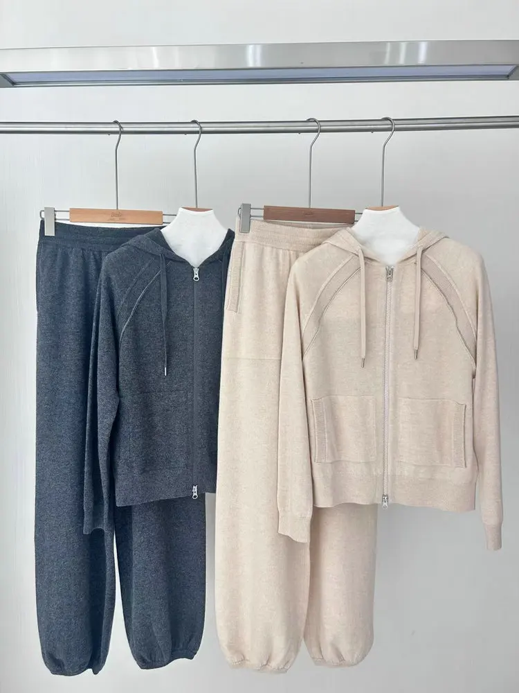 Autumn B*C Women 100% Cashmere Set Long Sleeve Hooded Cardigan or Elastic Waist Wide Leg Pants Casual Female Knitted Suit