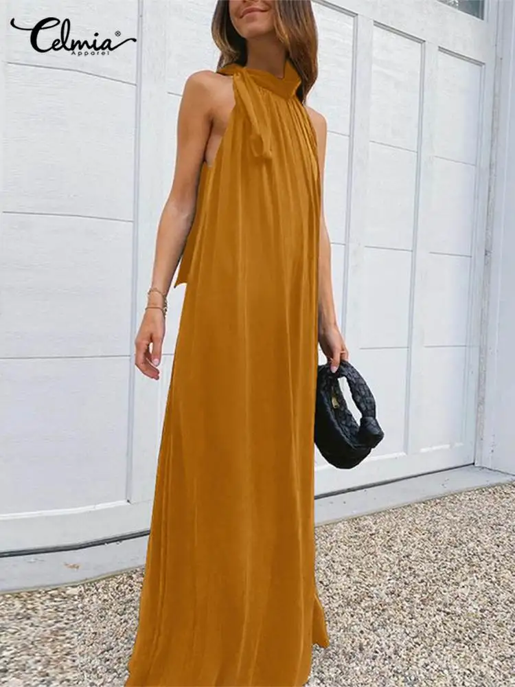 

Celmia Elegant Women Beach Dresses Sleeveless Summer A-line Pleats Long Robes Casual Loose Halter Bohemian Vacation Maxi Dress