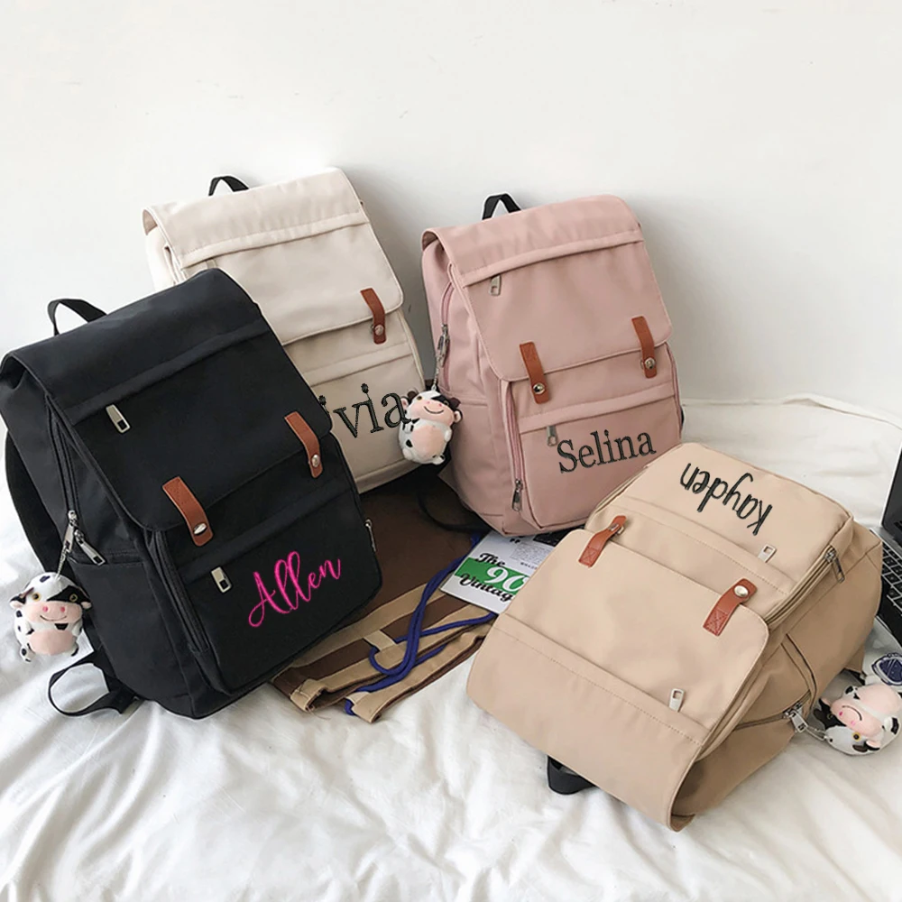 Personalized Name High Quality Solid Simple Schoolbag White Black Pink Color Embroidery Custom Women's Gifts Backpack