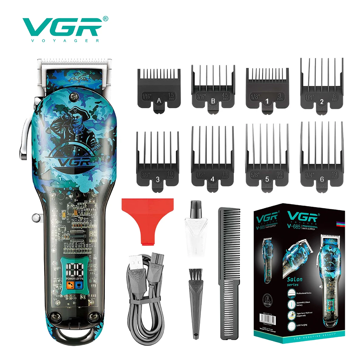 

VGR Hair Trimmer Transparent Hair Clipper Adjustable Hair Cutting Machine Professional USB Rechargeable Trimmers for Men V-685