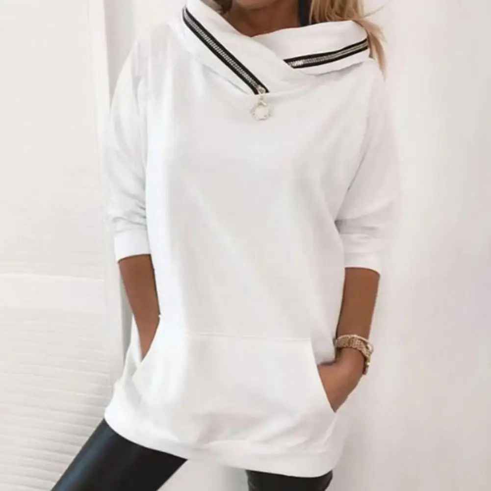 

Women Sweatshirt High Collar Zipper Decor Long Sleeves Pullover Soft Casual Big Patch Pocket Spring Sweatshirt for Daily Wear