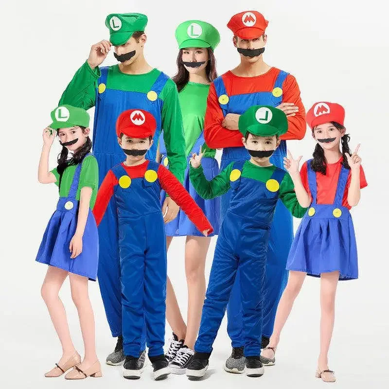 

Child Super Mari Bros Cosplay Suit Kids Anime Fantasy Romper Boy Girl Halloween Party Long Sleeve Dress Hat Costume