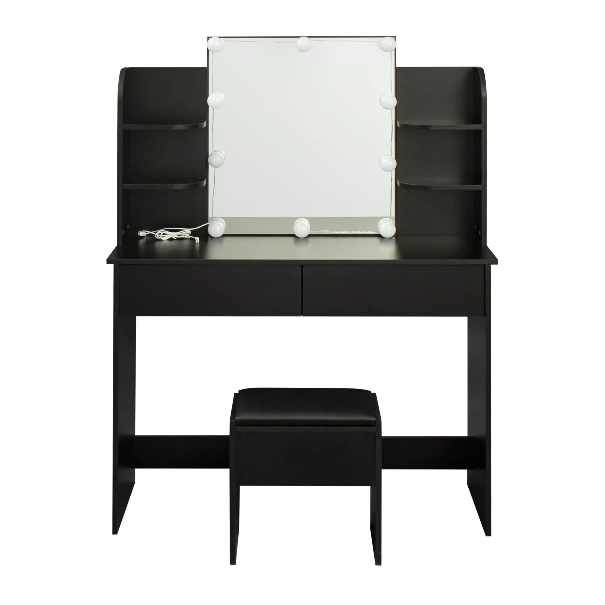

Modern Dressing table with 2 Drawers 4 Open Shelves Dresser Makeup Vanity Cabinet LED Make Up Mirror Light Bulbs Bedroom Furnitu