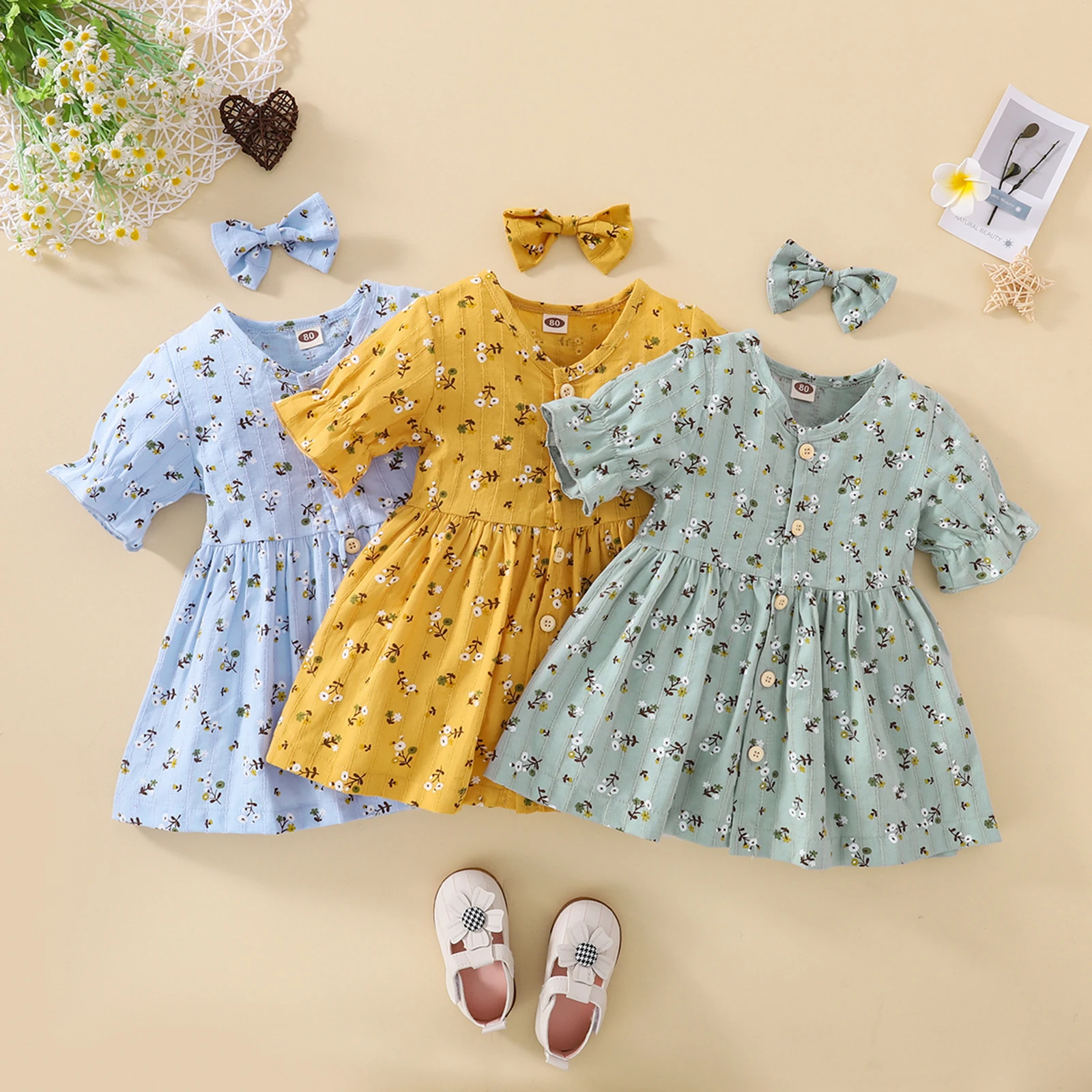 

2Pcs Baby Girls Outfit Summer Floral Printing V-Neck Short Sleeve Buttons Dress + Hair Clip for Toddlers, 6 Months to 4 Years