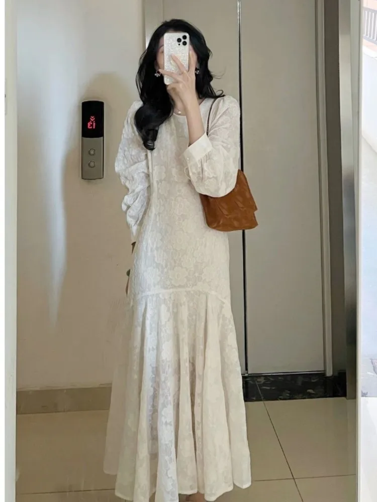 

Женское шифоновое платье-Русалка средней длины, повседневное элегантное приталенное платье с длинным рукавом и вышивкой, во французском винтажном стиле, весна-осень 2023