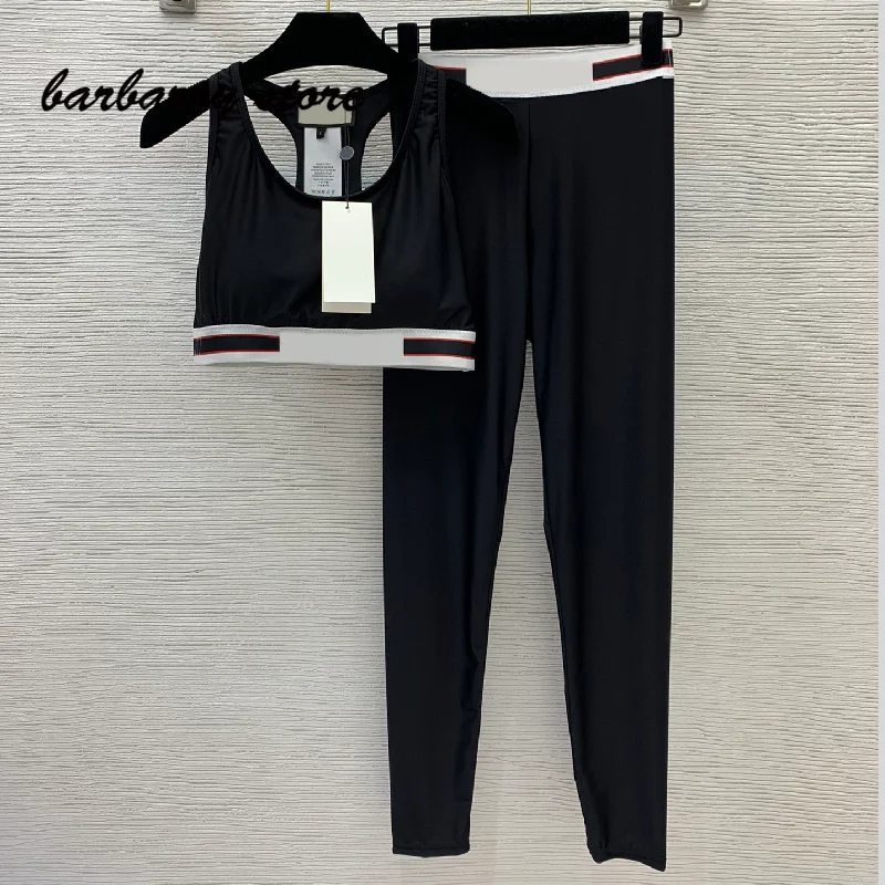 

summer luxury design letter printing high elastic suit slim fit fashion simple vest suspender short sleeve + high waist trousers