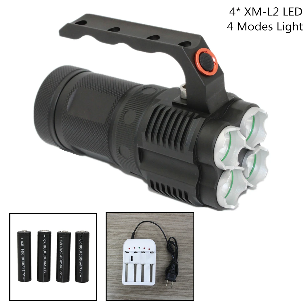 

Tactical Flashlight 4 x XM-L2 LED 4800 Lumens 4 Modes Lights Flash Light Aluminum Torch Lamp Power by 4x 18650 Battery