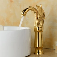 tall polished gold color brass carved art animal swan style bathroom sink basin mixer tap faucet one hole single handle mnf179
