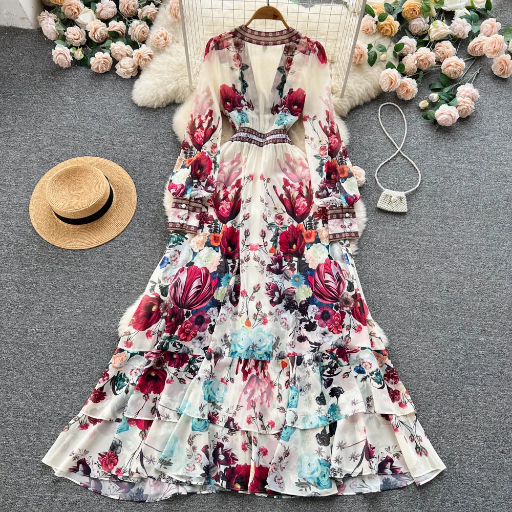 

2023 Chiffon falbala dress Women's V-neck long sleeve Boho robe with floral print dress