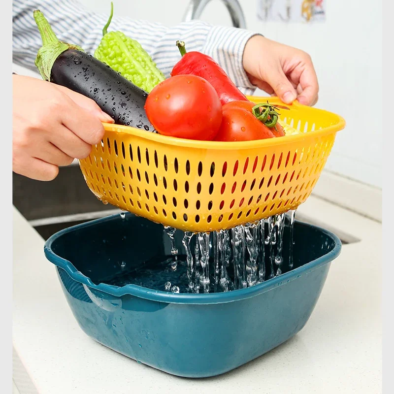 

Kitchen Utility Double Drain Baskets Household Fruit and Vegetable Washing Basket Fruit Basin Kitchen Gadgets and Accessories