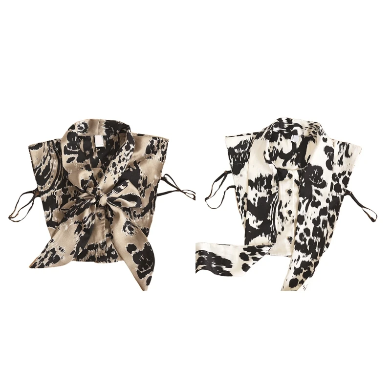 

Women Office Work Bow Tie Neck Faux Collar Retro Leopard Print Half Shirt Dickey